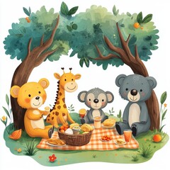 An isolated white background clipart illustration of cute cartoon animals, including a fox, deer, monkey, elephant, and koala, on a picnic