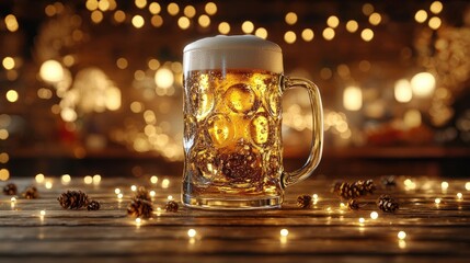 Festive beer mug on wooden bar, bokeh lights