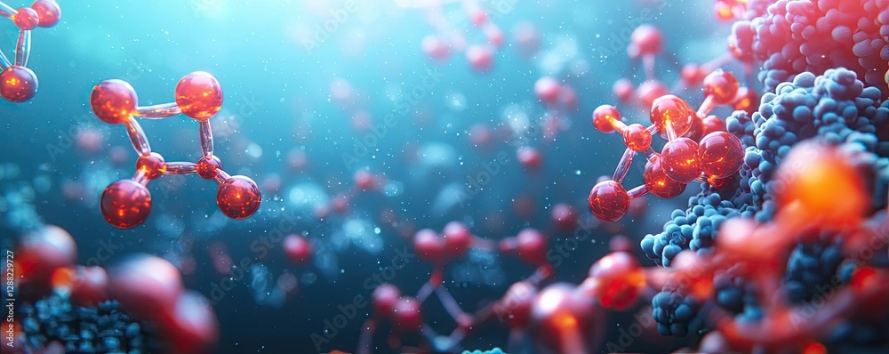 Poster ocean acidification concept. detailed close-up of colorful molecules in a dynamic scientific environ