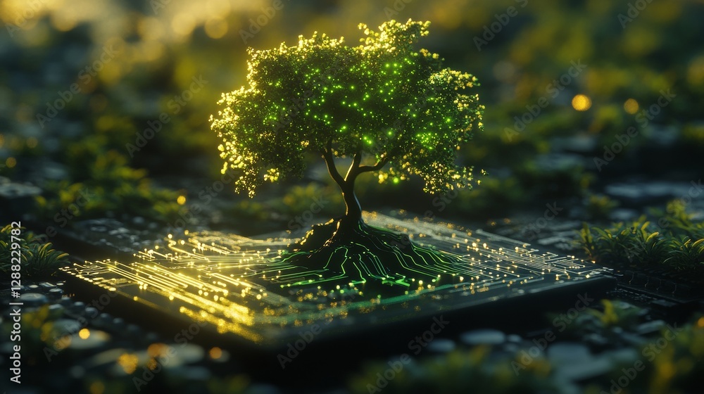 Poster Tree glowing with light on a microchip in a digital forest environment, representing technology and nature harmony. Futuristic technology and sustainability concept