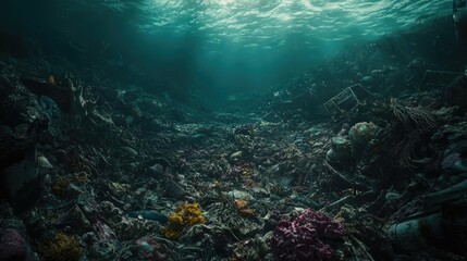 Naklejka premium Ocean acidification idea. Underwater scene depicting marine pollution among colorful corals and debris.