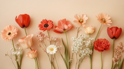 Fototapeta premium Aesthetic botanical arrangement of fresh flowers on a solid beige background
