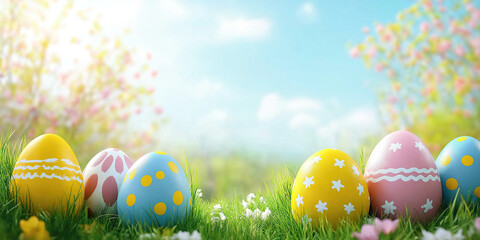 pastel easter eggs on a spring background with copy space for text
