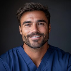 Obraz premium A depiction of a beautiful young male intern in blue medical attire and protective gear, including a mask and stethoscope, isolated on a neutral grey background