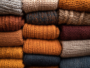Colorful knitted sweaters neatly stacked for winter