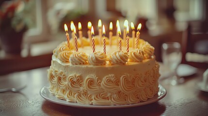 Festive birthday cake candleslit indoor celebration