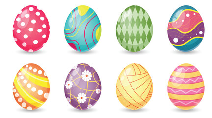 Easter eggs with different textures on a white background. Spring holiday. Vector Illustration isolated. Happy easter eggs.