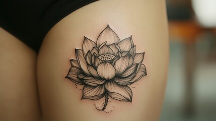 A stunning close-up of a black and white lotus flower, intricately designed with delicate lines and curves that evoke depth and elegance