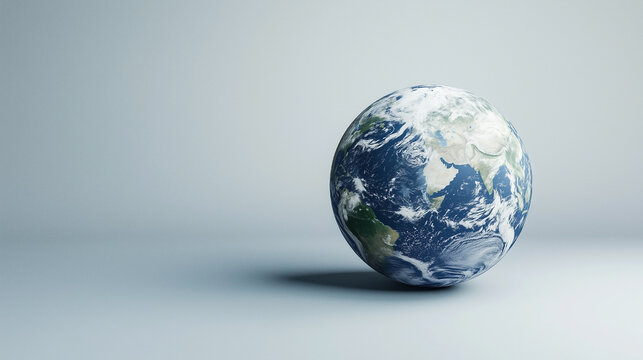 A blue and white globe sits on a grey surface