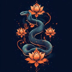 Fototapeta premium An abstract dragon snake in a spiritual artwork on a black background, with red mandala chakra symbols