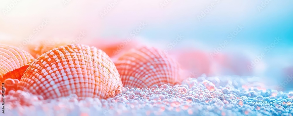 Poster ocean acidification idea. a tranquil beach scene featuring colorful seashells on soft sand, evoking 