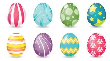 Easter eggs with different textures on a white background. Spring holiday. Vector Illustration isolated. Happy easter eggs.