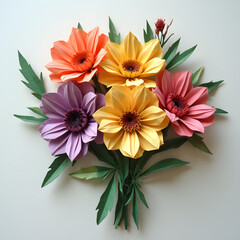 Vibrant origami flower bouquet, cheerful mood, arranged with green leaves on a light background