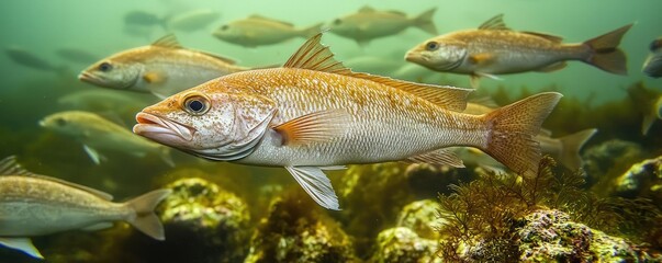 Ocean acidification idea. A vivid underwater scene showcasing a school of colorful fish in their natural habitat.