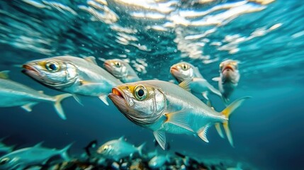Naklejka premium Ocean acidification idea. A vibrant underwater scene featuring a school of fish swimming gracefully.