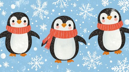 Fototapeta premium Adorable Penguins in Winter Wonderland: A Festive Holiday Illustration