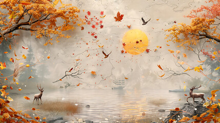 Artwork digital paint wallpaper. golden leaf and sun with colorful trees and deer on a light background