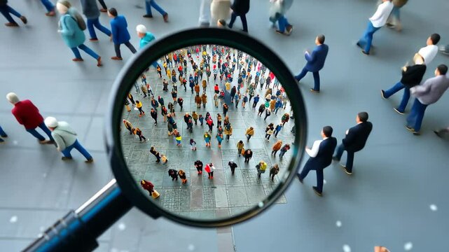 A magnifying glass reveals a diverse crowd of people engaged in various activities at a bustling urban gathering during a sunny day in the city