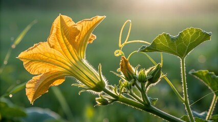 Golden Bloom: A sunlit pumpkin flower radiates beauty, revealing intricate details and delicate textures, bringing a touch of nature's elegance.