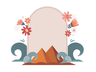 Jewish Pesach holiday, Passover, greeting pastel banner with traditional Passover plate, pyramids ,  flowers and leaves in bold style