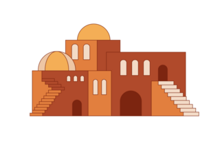 Aged middle east antique turkey orient palm tree oasis scene view with vintage tower dwelling. Outline ink hand drawn picture sketch in retro engraving graphic style with place for text on white sky