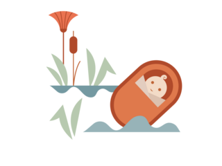Baby Moses in a basket floating on a river biblical scene concept. Religious Passover theme. outline vector icon. Symbol, logo illustration
