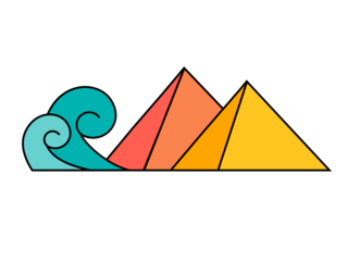 Jewish Pesach holiday, Passover, greeting banner with traditional Passover plate, pyramids ,  flowers and leaves in bold style