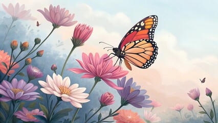 Butterfly Serenade: A vibrant monarch butterfly delicately rests upon a colorful aster flower in a picturesque meadow, inviting a sense of peace and natural wonder.