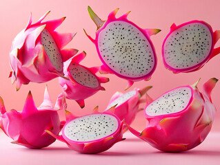 Fresh dragon fruit scattered against a pink background