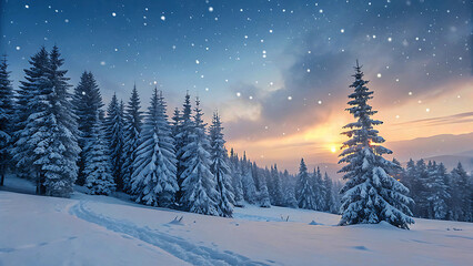 Snowy Winter Forest at Twilight with Falling Snowflakes
