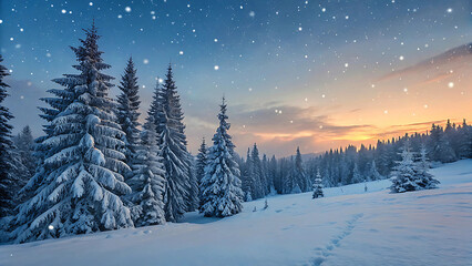 Snowy Winter Forest at Twilight with Falling Snowflakes