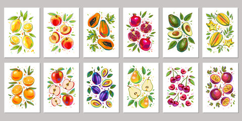 Set of posters with fruits and leaves. Colorful carambola, papaya, pomegranates, avocado, lemon, peach, apple, orange, plum, pear, cherry, passion fruit. Art prints for cards, banners, covers, labels