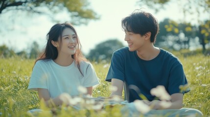 Happy young asian couple shares moment. People joy smiles, love connection. Comfort intimacy at romantic date. Romance dating. Fun laughing lovers have fun. Beautiful asia portrait. Summer park, field