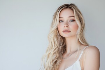 Fototapeta premium A beautiful blonde woman in a white wedding dress and gloves, posing for the camera with her hair styled in an elegant updo.