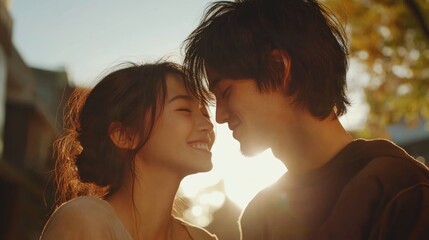 Romantic sunset, cute sweet asian couple in tender embrace. Warm golden rays, dreamy atmosphere. Intimacy, love. Happy young loving people hug. Date at park, nature outdoor.