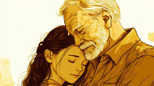 A young girl resting her head on her grandfather's shoulder, intimate and heartwarming scene, delicately drawn lines with smooth shading