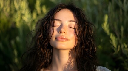 woman with closed eyes in sunlight peaceful nature scene