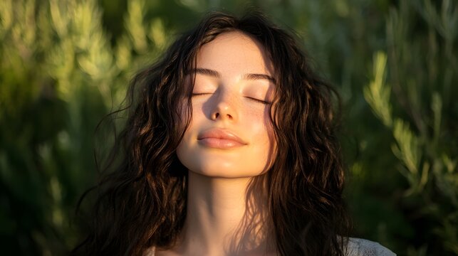 woman with closed eyes in sunlight peaceful nature scene
