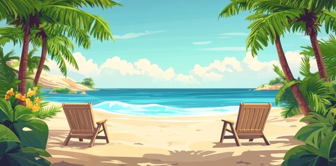 Fototapeta premium A tropical island with two wooden beach chairs on the sandy shore beneath palm trees, overlooking the ocean, depicted in a bright, modern cartoon illustration