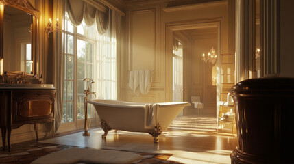 Elegantly designed bathroom with vintage bathtub and soft lighting enhancing serene atmosphere