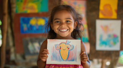 Smiling Indian Girl Proudly Holding Colorful Crayon Drawing