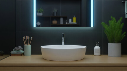 Fototapeta premium modern black bathroom featuring sleek white sink, wooden countertop, and stylish decor. moody atmosphere is enhanced by ambient lighting and greenery
