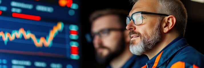 Focused Male Analysts Analyzing Stock Market Trends in a High-Tech Trading Room with Vibrant Graphs and Data Displayed