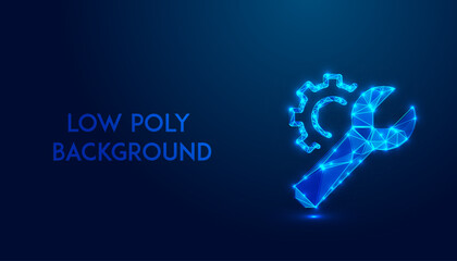 Low Polygonal vector illustration of a mechanism, Gear, Setting icon isolated on a blue background