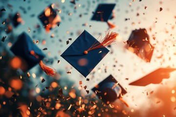 Graduation Caps Floating in Air with Confetti at Sunset