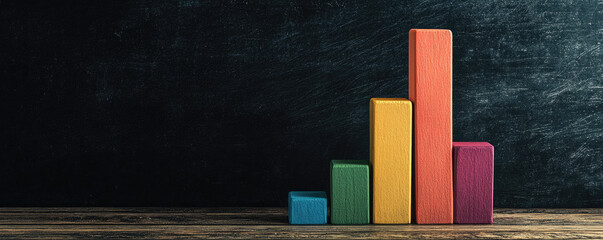 Colorful Wooden Blocks Charting Growth on Dark Background