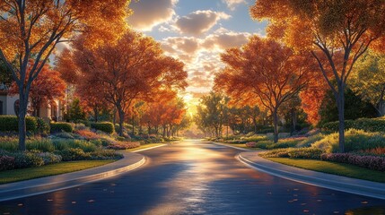 Autumnal street scene, houses, sunrise