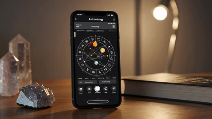 Astrology app on smartphone with glowing celestial chart. Horoscope reading, zodiac constellations, spiritual guidance, modern mysticism, personalized predictions.