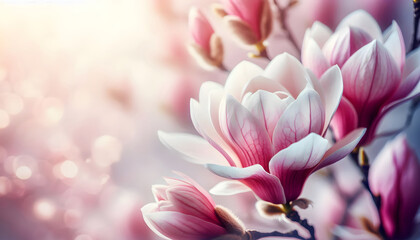 Fototapeta premium close-up, roas, weiß, pink , schöne Magnolienblüten Blüte auf einem getönten, unscharfen Hintergrund, zarter floralen Hintergrund, selektive Weichzeichnung, bokeh, copy space