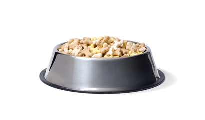 A bowl of dog food on a white background